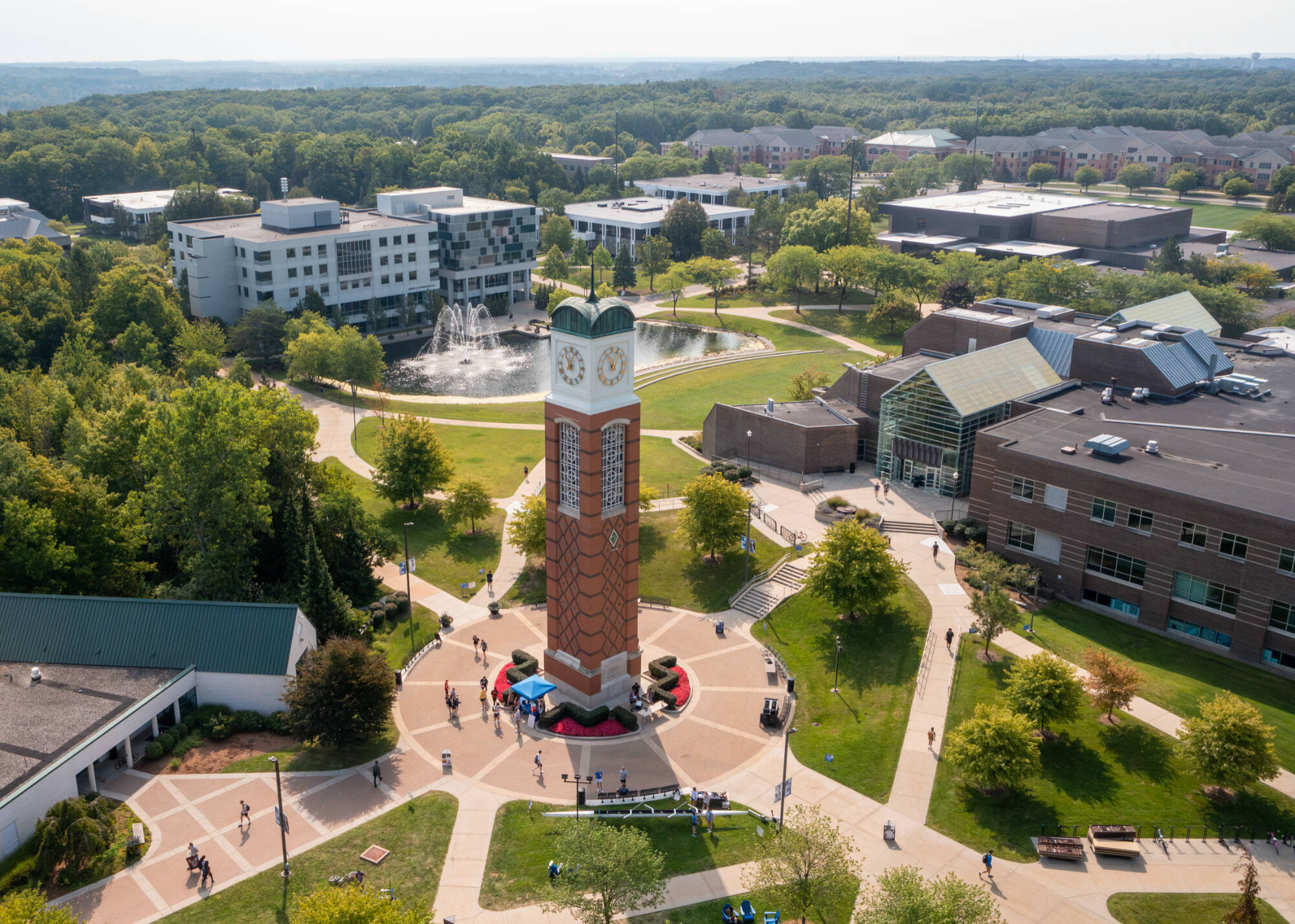 Grand Valley State University Allendale Campus Drone Shot, Showing The Cook Carillon Tower and Surrounding Structures